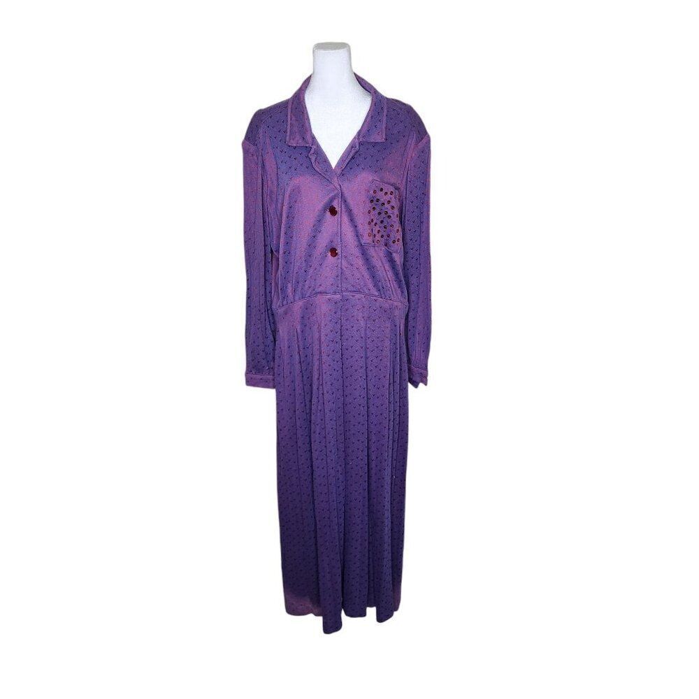 Vintage 80s Long Sleeve Maxi Shirt Dress Women 2XL Purple Knit